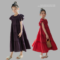 Girls' Dress 24 Summer New Ruffle Sleeve Cupcake Dress Sweet and Cute Princess Dress for Older Children