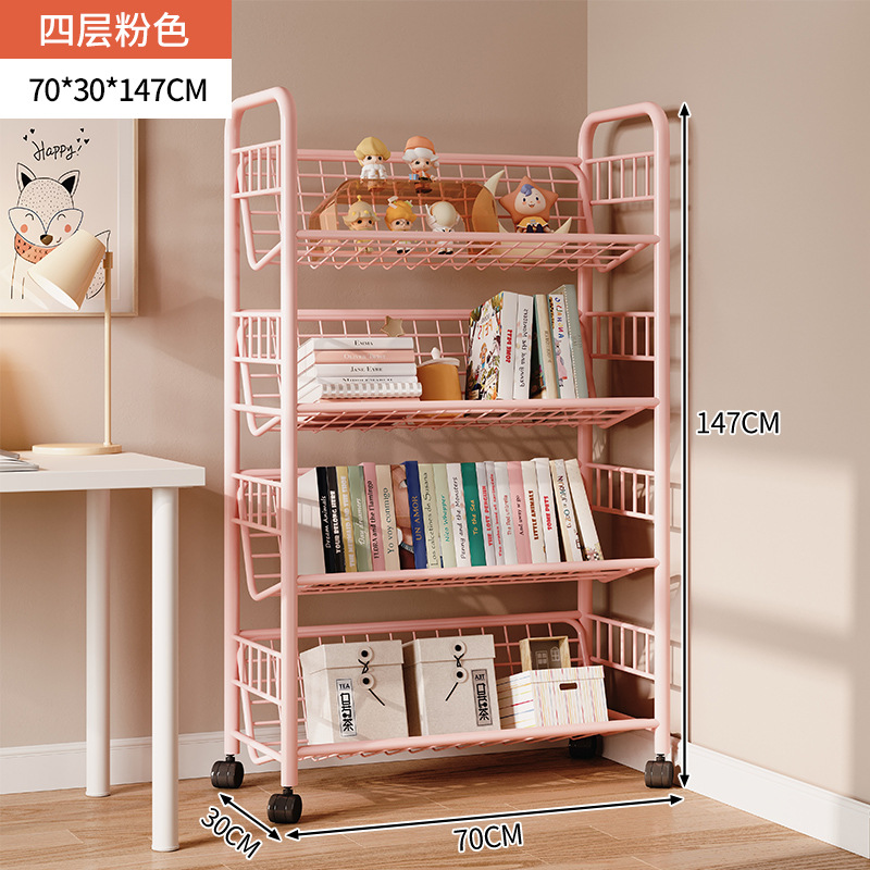 Estante de libros para niños Estante de almacenamiento de hierro forjado contra la pared Estante de almacenamiento de piso Estante de ruedas plegable móvil junto al escritorio