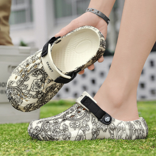 Men's Summer Slip-on Sandals, Wide Size, Dual-Wear, Graffiti Design, Thick Sole with Gritty Texture, Water-Resistant Beach Shoes