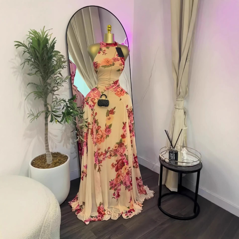 In-Stock 2026 European and American Women's Dress, Sleeveless Printed Sweet Holiday Dress, Elegant Belt, Large Hem Long Dress In-Stock 2026 European and American Women's Dress, Sleeveless Printed Sweet Holiday Dress, Elegant Belt, Large Hem Long Dress