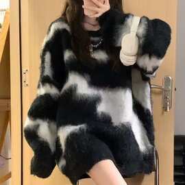 秋冬宽松撞色中长款圆领仿貂毛衣女针织衫上衣慵懒风保暖打底衫厚