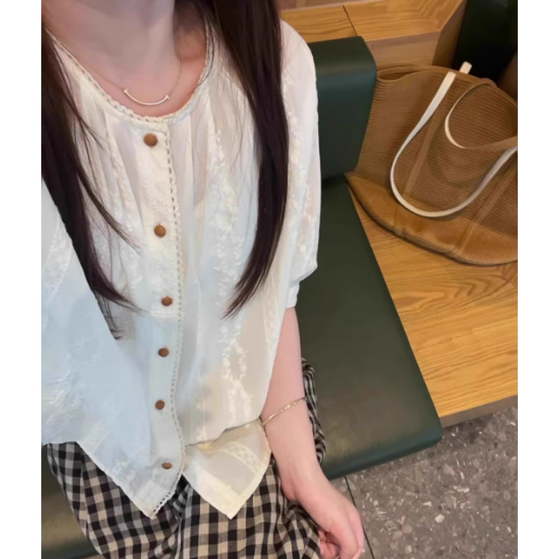 韓国風のユニークでシックな刺繍デザインの女性用シャツ、夏用の薄手で甘くて優しいスタイルのベビードールシャツジャケットイン|undefined