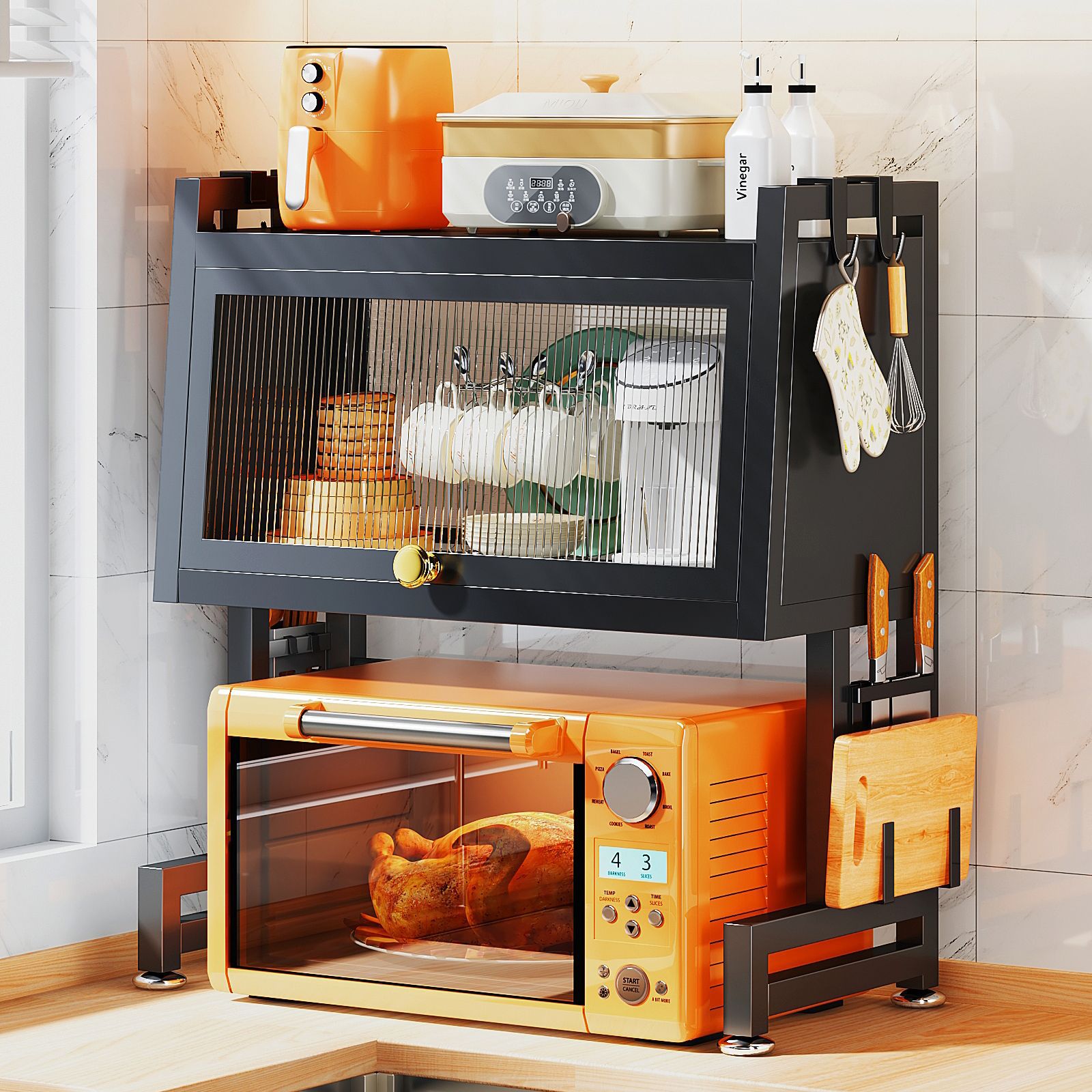 Cocina horno microondas rack encimera estante de almacenamiento de doble capa con gabinete puerta gabinete horno tabla de cortar palillos rack de almacenamiento