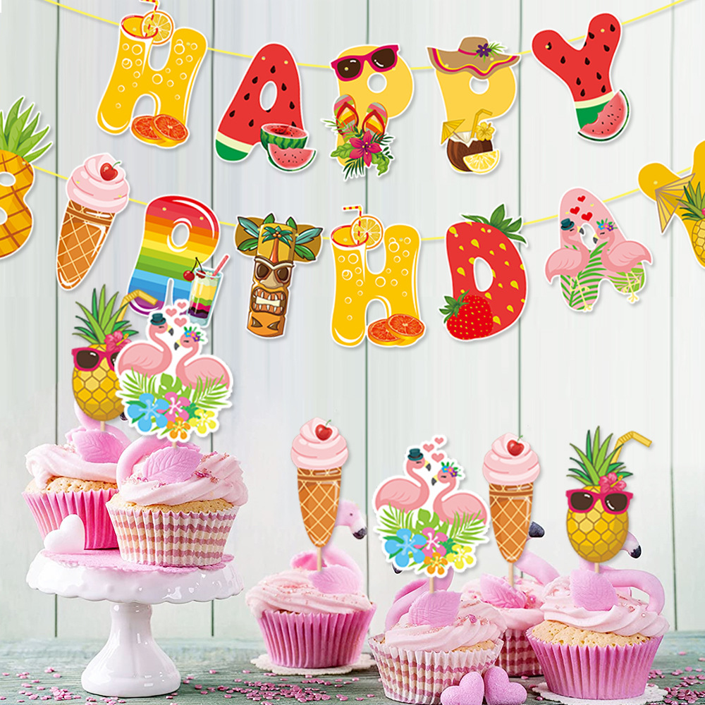 Fiesta de cumpleaños de frutas de verano decoración de escena bandera de cumpleaños bandera hawaiana piña llama pájaro pastel tarjeta inserción