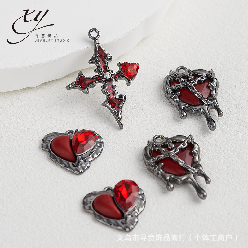 ガンブラック合金レッドクリスタルクロスラブペンダントペンダント手作り diy ブレスレットネックレスビーズ素材アクセサリー|undefined