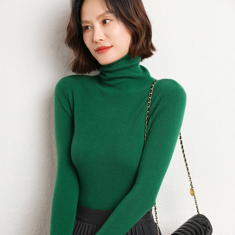 秋冬新款堆堆領羊毛衫修身高領毛衣女內搭緊身純色羊毛打底衫女
