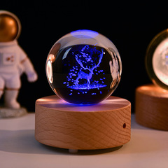 Bluetooth crystal ball music box rainbow gradient light wooden base 3D intaglio craft home decor deer