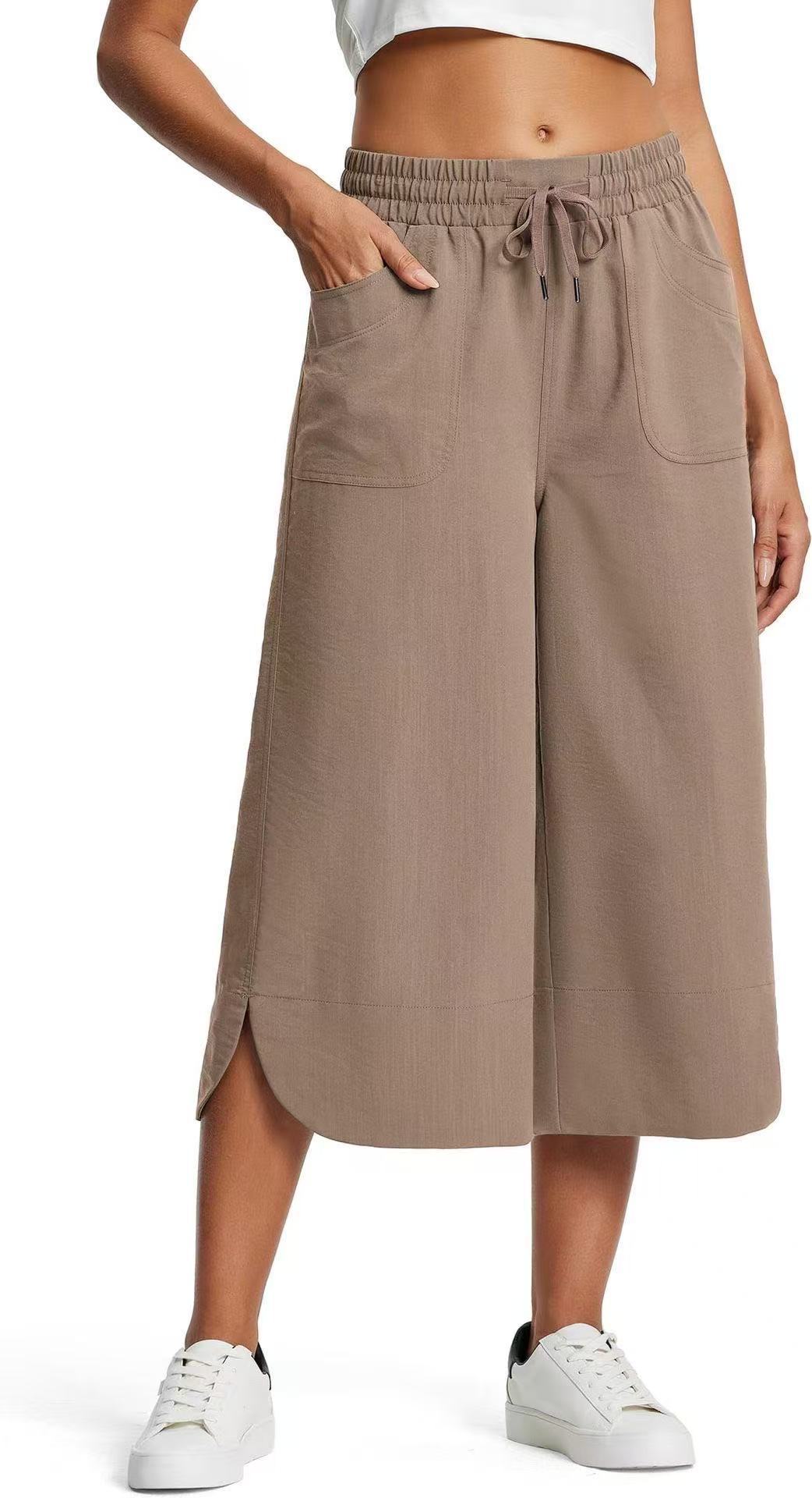 Women's Solid Color Wide Leg Capri Pants Spring Summer Elastic Waist Casual Relaxed Everyday Wear Comfortable Feshion_ecoleips.com