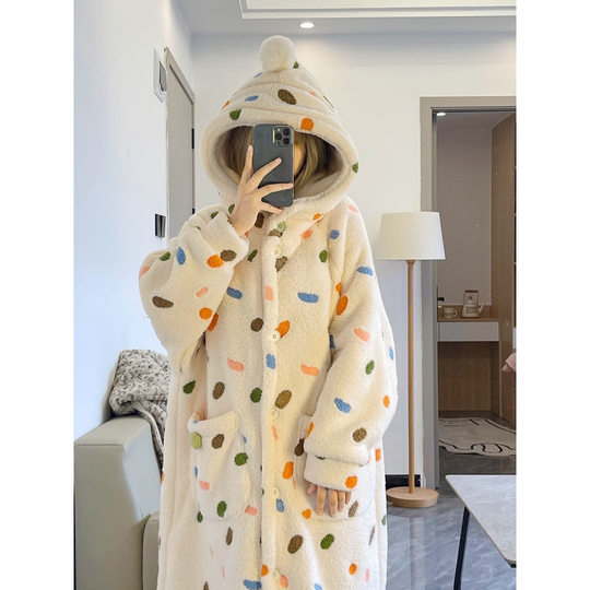 Winter Coral Fleece Pajamas Women's Winter Girl's Sweet Color Polka Dot Flannel Hooded Nightgown Home Clothes Nightgown