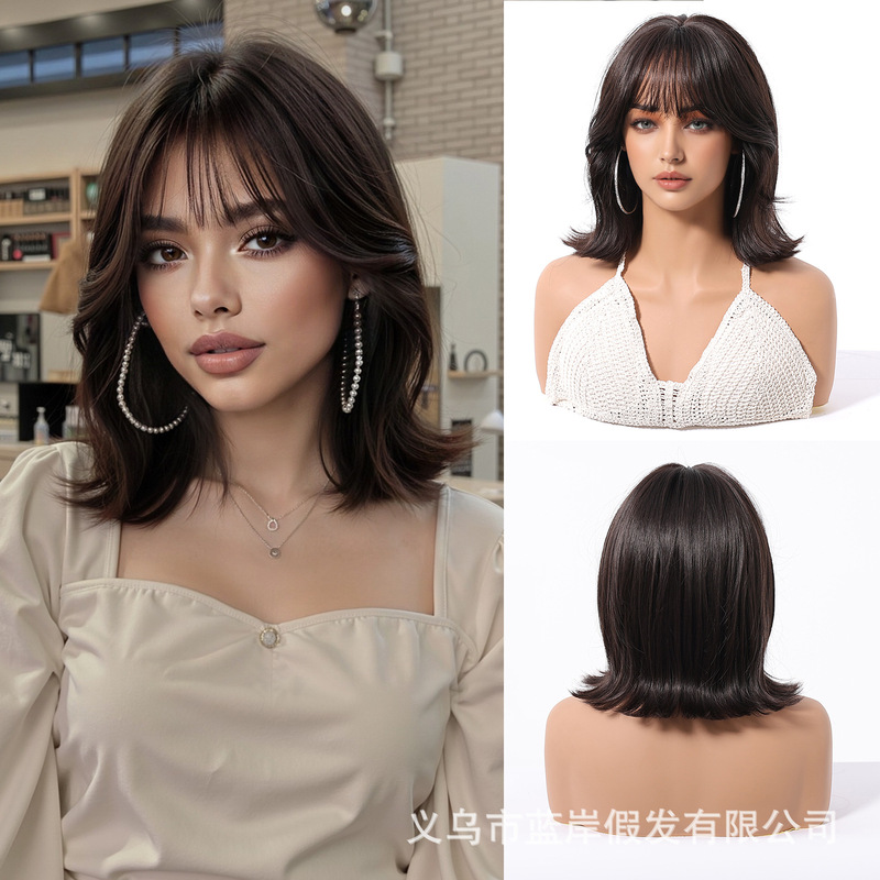 Summer Short Hair Wave Head Wig Women's Full Head Cover Non-marking Imitation Scalp New Style Cyber Celebrant Full Top High Temperature Silk Chemical Fiber Hair