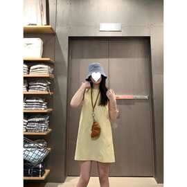 韩系纯色无袖直筒浅黄色背心连衣裙女夏季小个子显瘦遮肉甜美短裙