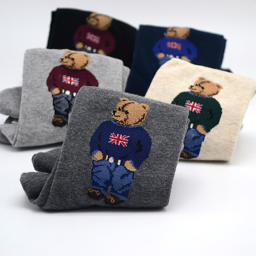0Korean Socks Men's Mid-waist Cotton Socks Cartoon Bear Business Casual Zhongtong Kikiya Spring New Style