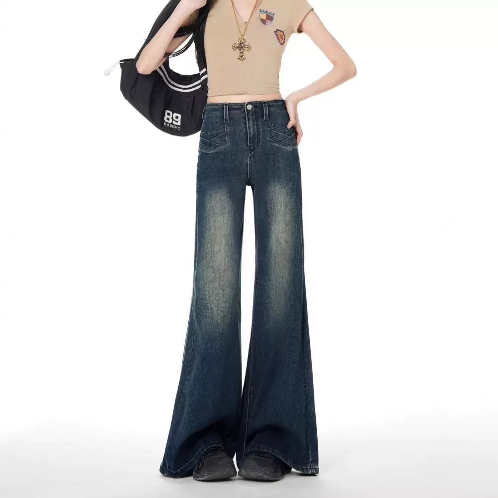 美式复古高腰喇叭牛仔裤女2026新款梨型身材不贴腿垂感阔腿微喇裤