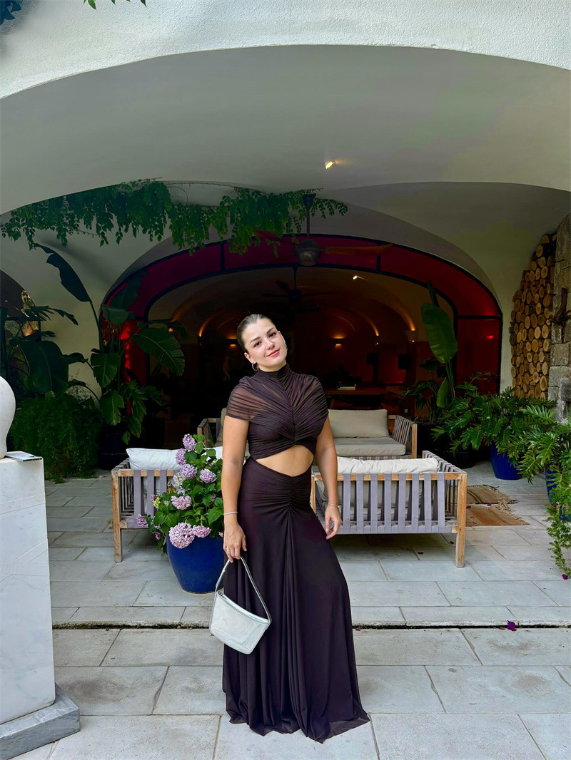 Women's Sexy Hollow Out Short Sleeve Mock Neck Ruched High Waist Floor Length Maxi Dress – Trendy Club Gown_ecoleips.com