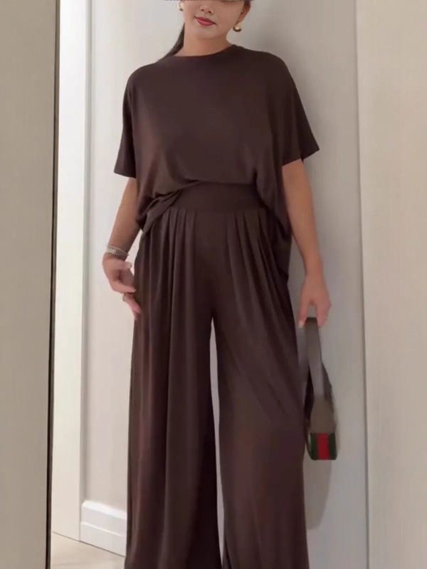 2025欧美跨境亚马逊独立站纯色休闲宽松舒适圆领阔腿裤女士套装|undefined