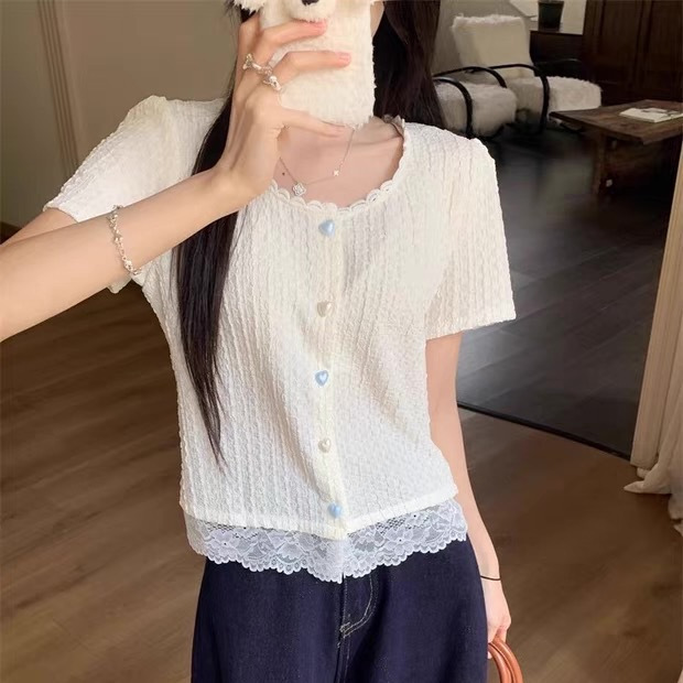 Korean Round Neck Lace Short-Sleeved Cardigan Summer New Age-Reducing Slimming Look Heart Button Small Top