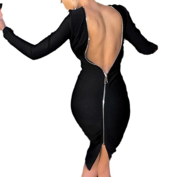 European and American Cross-border Explosions dress Solid Color Zipper Deep V Long Sleeve Cocktail Party Mid-length dress Dress