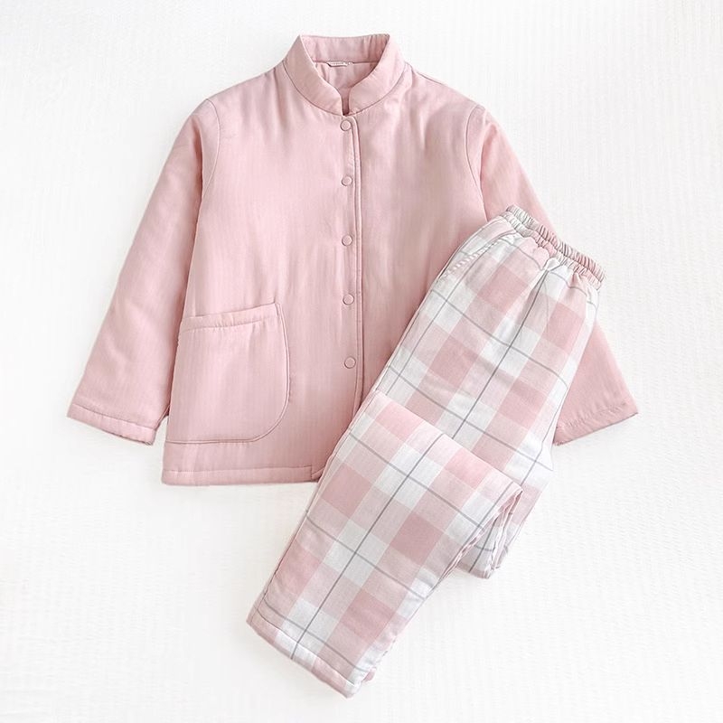 出岛国日系纯棉双层纱夹棉立领棉服外套+格子棉裤居家服睡衣套装
