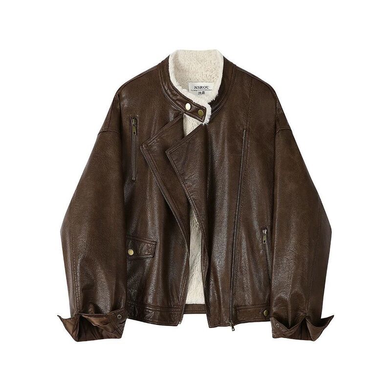 Retro Maillard Motorcycle Leather Jacket with Fleece Lining, Short Coat for Women, 2024 New Autumn and Winter Style Jacket