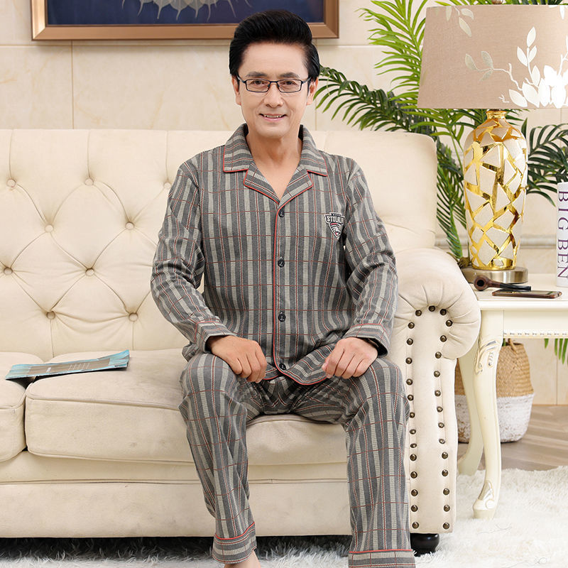 Pijamas de mediana edad y ancianos para hombres de primavera y verano 100% algodón de manga larga más tamaño cardigan Delgado traje de homewear