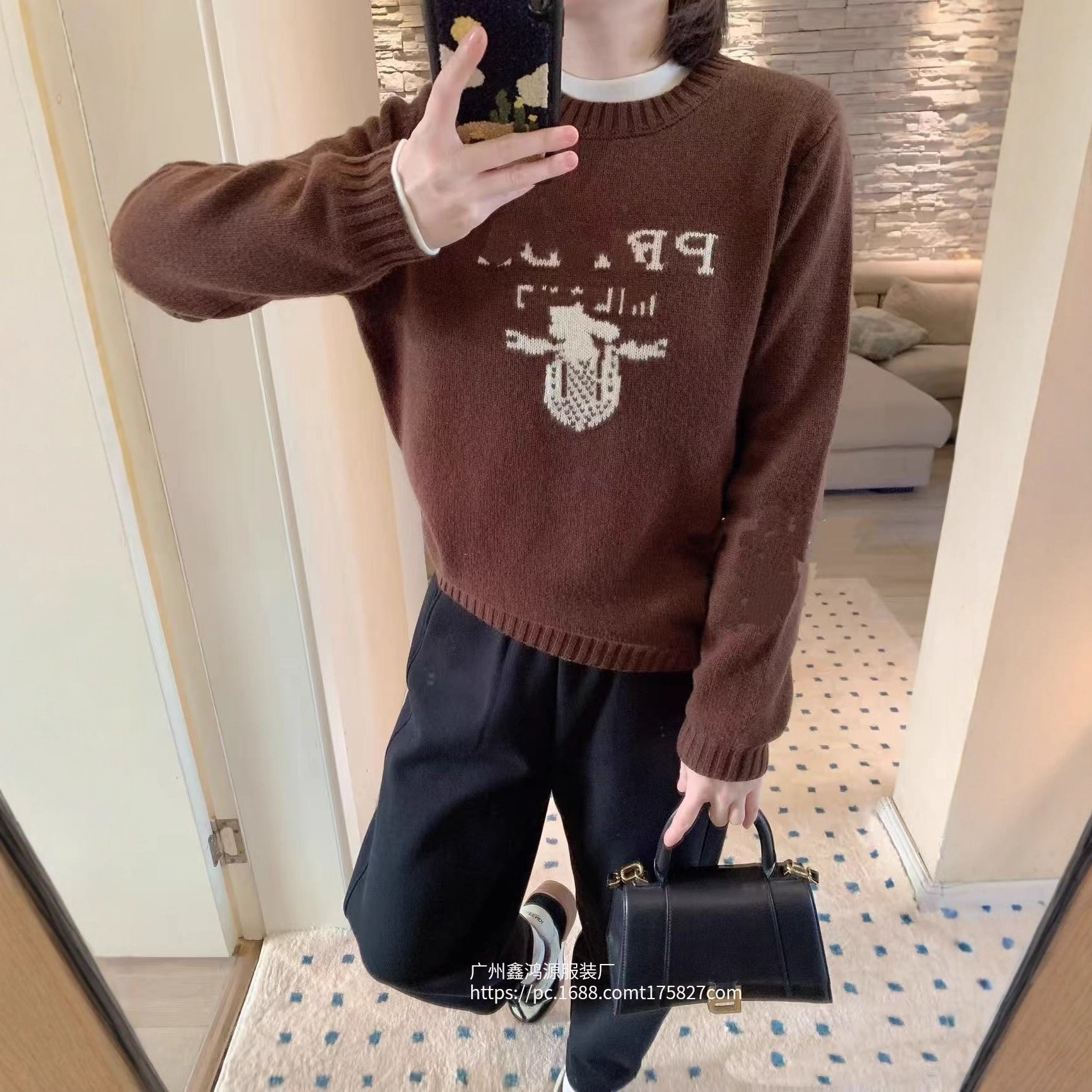 南油高定P家25秋冬新款logo字母嵌花男女款百搭圆领羊毛针织衫