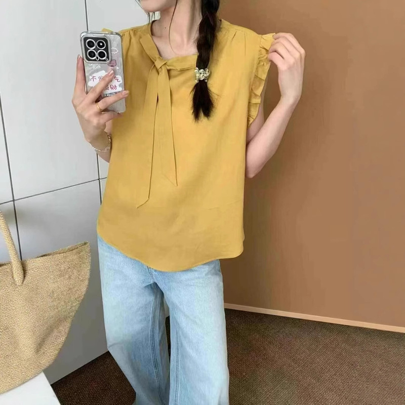 Korean Style Fungus Lace Sleeve Lace-Up Bow Shirt 2025 Summer New Women's Design Elegant Versatile Top