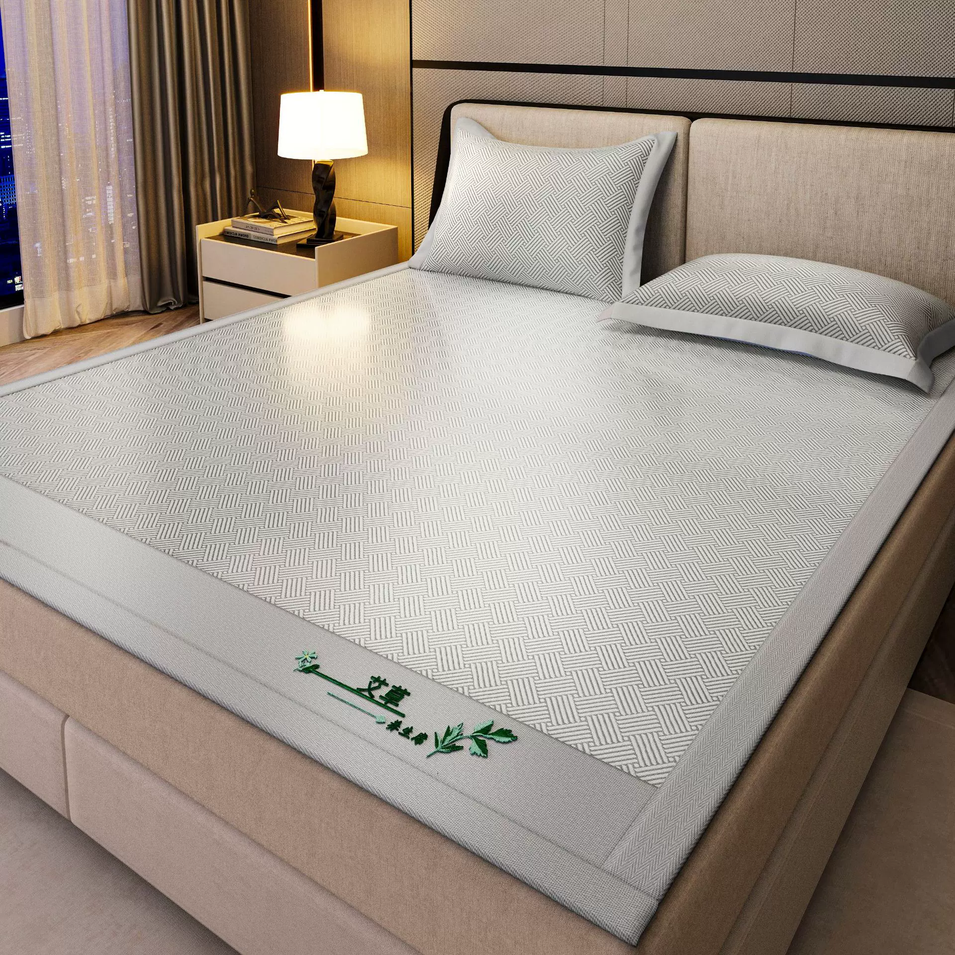 艾草驱蚊抗菌可水洗机洗冰丝凉席三件套面料 藤席 空调席