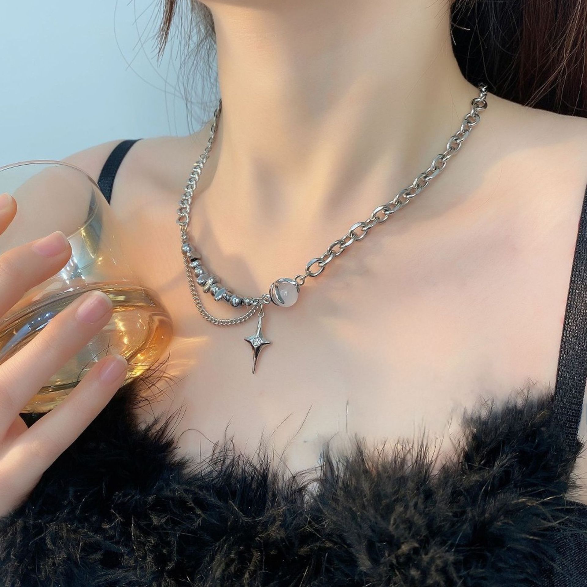 Moonstone Double Layer Cross Necklace Unisex High End Design_voghion.com