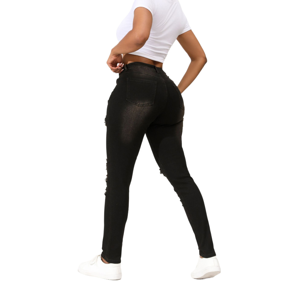 Vaqueros negros rasgados estilo europeo y americano para mujer, pantalones ajustados elásticos de cintura media que hacen que las piernas parezcan más delgadas, en stock para dropshipping.