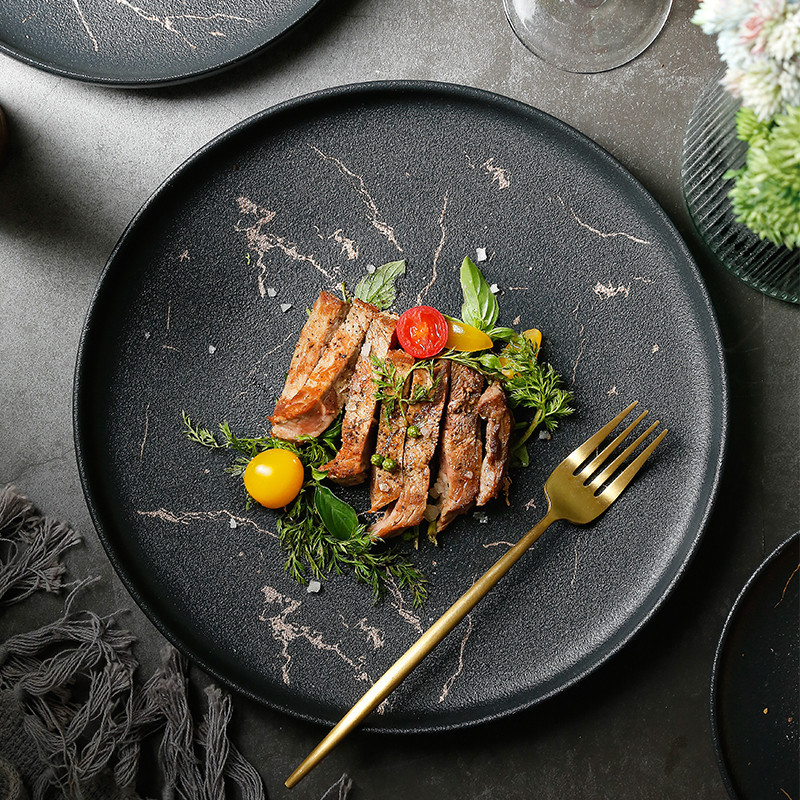 steak Dinner plate ceramics circular household black gules originality Japanese Western breakfast Steak tableware Light extravagance