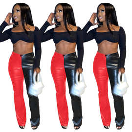 Y5217 亚马逊 速卖通 欧美女装 时尚流行拼色PU皮子喇叭裤