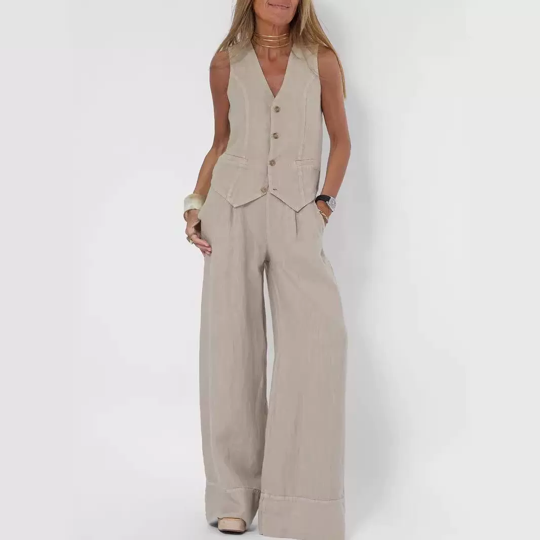 2025欧美跨境热卖新款时尚马甲阔腿长裤拼贴拼接棉麻休闲两件套装