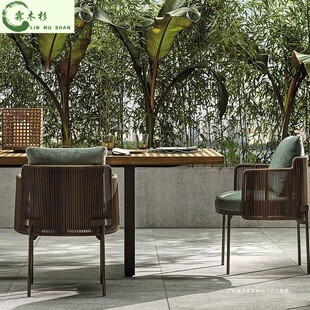 Outdoor Tables and Chairs Courtyard Hotel Villa Waterproof Sun Protection Stainless Steel Rattan Chair Outdoor Rattan Solid Wood Table and Chair Combination