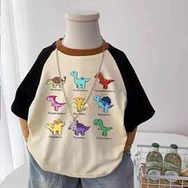 男童100%纯棉短袖T恤新款儿童休闲插肩袖卡通中小童打底恐龙上衣t