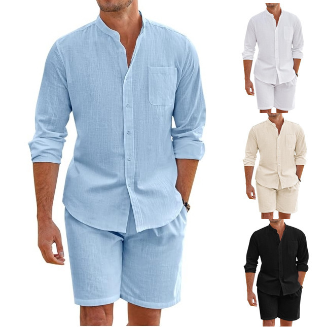Amazon Men's Summer Two-Piece Set Polyester Button Shirt Long Sleeve Shorts Cardigan Simple Casual Beach Wear