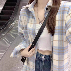 蓝色格子衬衫磨毛上衣外穿2025新款秋款复古设计感小众衬衣外套