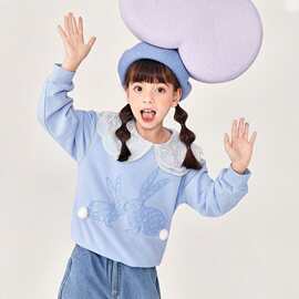 女童蓝色刺绣兔子卫衣娃娃领长袖春秋款可爱学院风童装兔兔卫衣