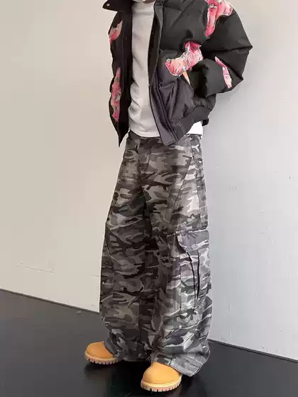 American Style Retro Multi-Pocket Camouflage Crane Pants for Men and Women Spring and Autumn Loose Casual Washed Wide-Leg Deconstructed Scimitar Pants