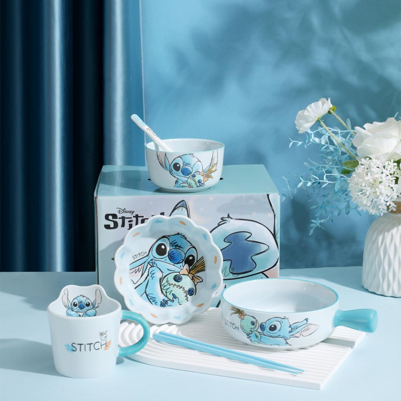 Stitch Tableware 6-Piece Gift Box Ceramic Tableware Handle Bowl Soup Bowl Spoon Chopsticks Gift Box Gift New Product Wholesale