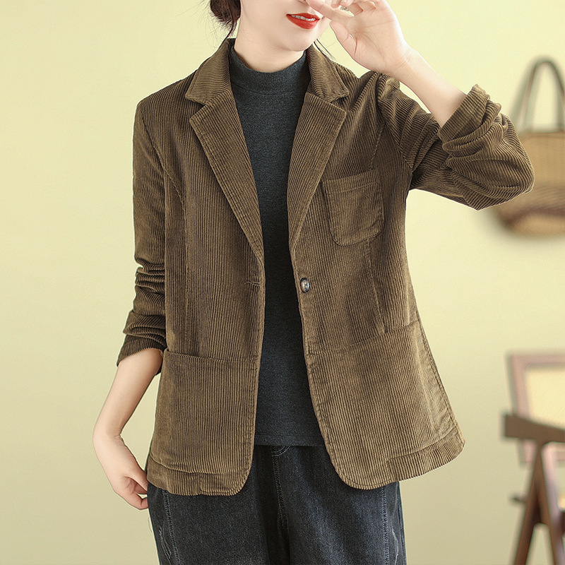 Real Shot of 2026 Spring New Style Artistic Retro Corduroy Cotton Women's Jacket, Solid Color Casual Blazer
