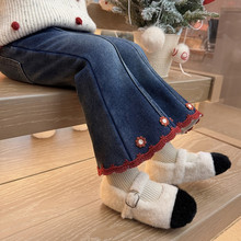 女童秋冬装牛仔裤2025新款儿童韩版女孩冬季加绒加厚修身喇叭裤子