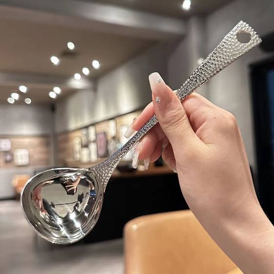 Stainless Steel Soup Spoon Colander suit High Color Value Hammer Pattern Long Handle Hot Pot Spoon Household Kitchen Soup Spoon Printable logo