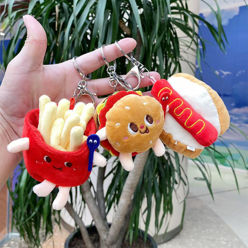 Cute hamburger hot dog plush pendant keychain bag ornaments couple doll plush toy small gift