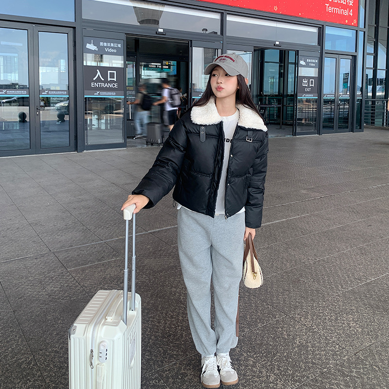 外贸棉服冬季2024新款时尚酷感机车风毛绒翻领短款PU皮外套上衣女