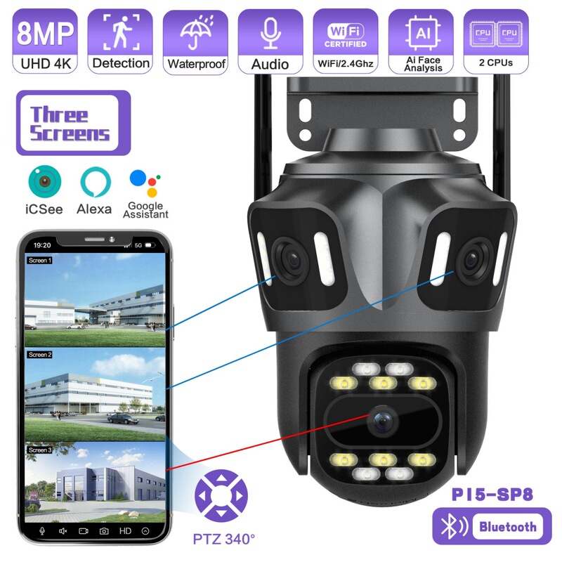 Icsee3目三画面8MPワイヤレスWiFi hdネットワークカメラ屋外フルカラー携帯電話リモート360パノラマ|undefined