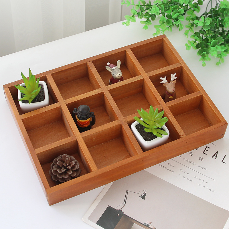 도매 zakka 일본 복고풍 나무 저장 상자 창조적 인 홈 데스크탑 다기능 12 구획 저장 상자