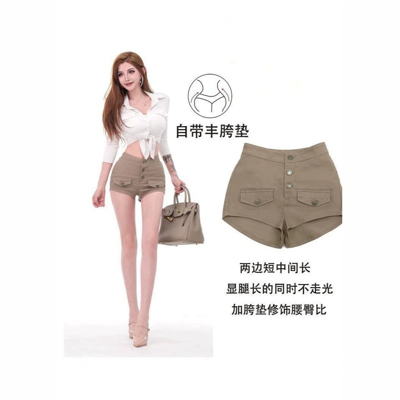 Tall, leggy, and stylish women's tight-fitting, hip-enhancing, khaki denim shorts with fleece lining for autumn and winter, high-waisted, a cross-border bestseller