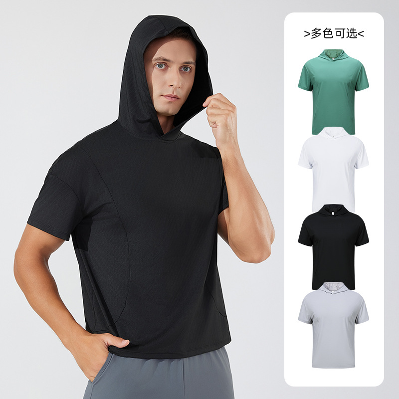 Verano nuevo estilo para hombres y mujeres con el mismo estilo de secado rápido casual de manga corta suelta blusa transfronteriza para correr al aire libre de manga corta con capucha de manga corta