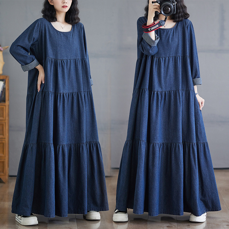 Tall dress spring and autumn Denim retro French dress loose long sleeve large dress A word cake skirt...