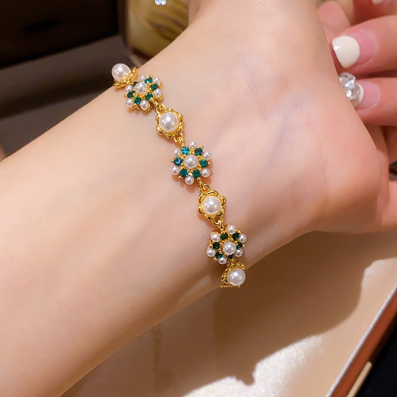 18K真金电镀锆石花朵手链法式简约宫廷风手环日常百搭手饰女批发|undefined